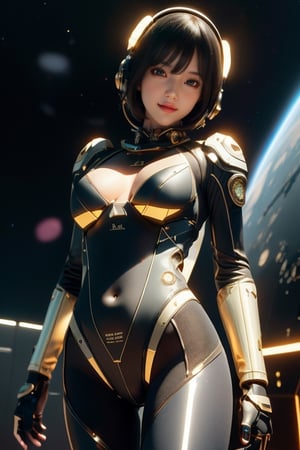 masterpiece, best quality, Half body portrait, 1girl, anime, 3D, realistic, teen girl, smiling, cute face, short hair, astronaut helmet, starry universe background, true light, bodysuit, beautiful, sexy, colourful, nsfw, smooth skin, illustration, by stanley artgerm lau, sideways glance, foreshortening, extremely detailed, high resolution, ultra quality, glare, Iridescent, Global illumination, realistic light and shadow, hd, 8k, ,luxtech,(viewed_from_below:1.3)