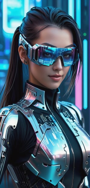 realistic photo,  ((Masterpiece)), ((Best Quality)), ((Extremely Detailed)), ((photo)) ,1girl, European girl,(detailed facial features), long hair , Illustration of a cyberpunk hacker in a virtual reality setting, surrounded by holographic code, futuristic UI, and virtual landscapes, Surreal Cyberpunk Art Style, Influenced by Deviantart and Ghost in the Shell anime, Camera: POV, Lens: Augmented Reality Lens, Render Style: Isometric Assets, 4K resolution, (((Cyberpunk))),smile,(oil shiny skin:1.0), (big_boobs:1.3), willowy, chiseled, (hunky:2.8),(( body rotation -90 degree)),,(perfect anatomy, prefecthand, dress, long fingers, 4 fingers, 1 thumb), 9 head body lenth, dynamic sexy pose, breast apart, (artistic pose of awoman),xxmix_girl,cyberpunk style,cyberpunk,chrometech,surface imperfections