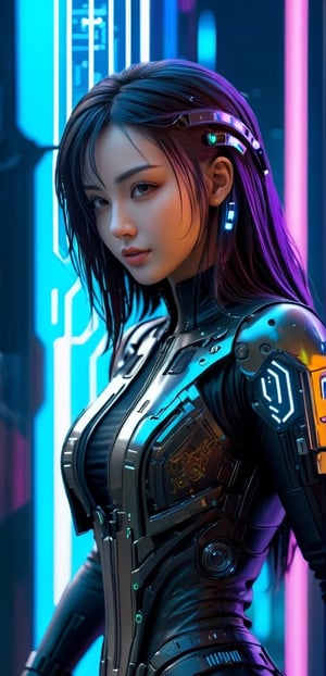 realistic photo,  ((Masterpiece)), ((Best Quality)), ((Extremely Detailed)), ((photo)) ,1girl, European girl,(detailed facial features), long hair , Illustration of a cyberpunk hacker in a virtual reality setting, surrounded by holographic code, futuristic UI, and virtual landscapes, Surreal Cyberpunk Art Style, Influenced by Deviantart and Ghost in the Shell anime, Camera: POV, Lens: Augmented Reality Lens, Render Style: Isometric Assets, 4K resolution, (((Cyberpunk))),smile,(oil shiny skin:1.0), (big_boobs:1.3), willowy, chiseled, (hunky:2.8),(( body rotation -90 degree)),,(perfect anatomy, prefecthand, dress, long fingers, 4 fingers, 1 thumb), 9 head body lenth, dynamic sexy pose, breast apart, (artistic pose of awoman),xxmix_girl,cyberpunk style,cyberpunk,chrometech