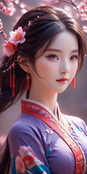 Highly qualified 8K style, HD, vibrant colors, 1girl, masterpiece, sharp focus, best quality, depth of field, cinematic lighting, {fantasy theme, Chinese style},1girl, long hair,dark purple hair, blue eyes, masterpiece, best quality,chinese clothes, hanfu, long sleeves, red dress, hair flower, pink flower,leonardo,REALISTIC,smile, (oil shiny skin:1.3), (huge_boobs:3.2), willowy, chiseled, (hunky:3.8), body rotation -34 degree, (perfect anatomy, prefecthand, dress, long fingers, 4 fingers, 1 thumb), 9 head body lenth, dynamic sexy pose, breast apart, (full body shot), (artistic pose of a woman),NIJI STYLE,photo r3al