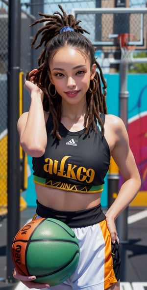 Upper body , 1girl, solo, sweaty,Beautiful black female basketball player, posing at an urban basketball court in the Bronx, dreadlocks, holds up a basketball, stylish graffiti on the wall, ,blurry street background ,smile,,(oil shiny skin:0.8), (big_boobs), willowy, chiseled, (hunky:1.6),(perfect anatomy, prefect hand,), 9 head body lenth, dynamic sexy pose, (artistic pose of awoman),from_front