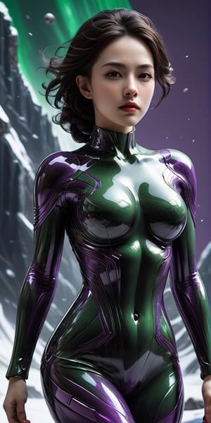 photorealistic, masterpiece, futuristic black tactical suit, special operation agent, beautiful, beautiful dark green eyes, short wave dark purple hair, ((background strong wind blizzard futuristic outpost antarctica)), ((night)), juicy lips, ((various futuristic high tech gadgets)), futuristic high tech gun , off shoulder, crop top, half body,,smile, (oil shiny skin:1.0), (big_boobs:3.5), willowy, chiseled, (hunky:2.8),(( body rotation -35 degree)), (upper body:0.8),(perfect anatomy, prefecthand, dress, long fingers, 4 fingers, 1 thumb), 9 head body lenth, dynamic sexy pose, breast apart, (artistic pose of awoman),niji5