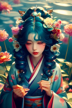 In a dreamy and ethereal setting, the woman is depicted floating in a cloud of mist and soft light. Her body is surrounded by delicate flowers that seem to bloom from her very essence, symbolizing the beauty and vitality of femininity.(deep blue hair :1.5),(long curly hir:1.5)The colors used are pastel and muted, creating a serene and tranquil atmosphere. The composition is organic and flowing, with the woman’s body forming graceful curves that harmonize with the natural elements around her. The overall mood is one of enchantment and mystique, evoking a sense of wonder and reverence for the feminine form.,Transparent Glass Flowers,girl, (hanfu:1.5), bra,Botanical Garden background, anime style. smile, (oil shiny skin:1.15), (big breast:1.0), (perfect anatomy, prefecthand, long fingers, 4 fingers, 1 thumb), 9 head body lenth, breast apart, looking at viewer, (view_from_above:1.3),binghanfu,hanfu,headpiece