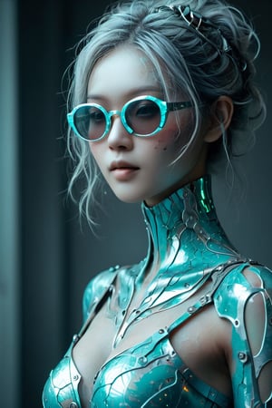 A beautiful young woman is wearing metal for the futurist, cyberpunk, futuristic technology, and girls holding weapons in dazzling colors, wearing science fiction glasses, in the style of yuumei, light turquoise and light silver, waist shot, 8k resolution, joong keun lee, tanya shatseva, light acade, smile, (oil shiny skin:0.8), (big breast:0.8), (perfect anatomy, prefecthand, long fingers, 4 fingers, 1 thumb), 9 head body lenth, breast apart, looking at viewer, (upper_body:1.5), (view_from_above:1.1), 