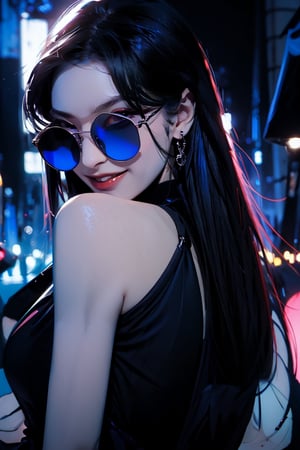 ,  absurdres, upper body, (night market background,), sunglasses, 1girl, solo, looking at viewer, tinted eyewear, blue theme, looking over eyewear, blue-tinted eyewear, black dress, sleeveless, smile, (oil shiny skin:0.8), (big breast:0.8), (perfect anatomy, prefecthand, long fingers, 4 fingers, 1 thumb), 9 head body lenth, breast apart, looking at viewer, (upper_body:1.2), (view_from_behind:1.5),  ,more detail 