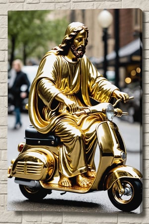 (masterpiece, high detail, best quality),  Jesus riding a scooter,gold chrome Jesus, satin sliver iron,more detail ,beside the Starbucks coffe,
