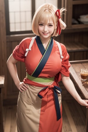 masterpiece, best quality, highres, aachisato, short hair, hair ribbon, japanese clothes, (red kimono:1.2), sash, (brown apron:1.2), , indoors, cafe, holding tray, smile,aachisato, (smile:1.2) ( shiny oil skin:1.0), cowboy_shot, curved body, (dynamic sexy pose:1.7), sexy body, (gigantic breast:1.2), 9 head length body, looking at viewer, from above,