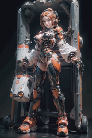 1 girl , NSFW , bare vagina ,multicolored_hair Orange & Blond , cute girl, proper pretty eyes, cheeky grin , short Pixie hair ,,big breast,appendages in matching pairs , proper robot Sneakers , proper robot hands , Sci-fi, ultra high res, futuristic , {(little robot)}, {(solo)}, full body , {(complex, Machine background ,spaceship interior background, Mecha Transport parts)},stand,man terminator,ROBORT,robot,angelawhite