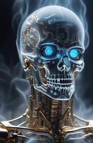 close up ultra detailed translucent crystal and polished golden sculpture of a male necromancer, (holographic skeleton face), (cyborg mechanical eyes:1.5),volumetric fog, hyperrealism, breathtaking, ultra realistic, ultra detailed, cyber background, cinematic lighting, highly detailed, breathtaking, photography, stunning environment, low-angle_shot