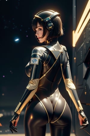 masterpiece, best quality, Half body portrait, 1girl, anime, 3D, realistic, teen girl, smiling, cute face, short hair, astronaut helmet, starry universe background, true light, bodysuit, beautiful, sexy, colourful, nsfw, smooth skin, illustration, by stanley artgerm lau, sideways glance, foreshortening, extremely detailed, high resolution, ultra quality, glare, Iridescent, Global illumination, realistic light and shadow, hd, 8k, ,luxtech,(viewed_from_behind:1.3)