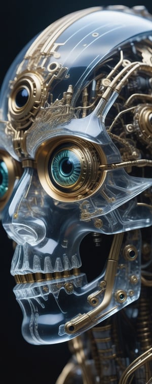 close up ultra detailed translucent crystal and gold sculpture of a male necromancer, (holographic skeleton face), (cyborg mechanical eyes:2.5),volumetric fog, hyperrealism, breathtaking, ultra realistic, ultra detailed, cyber background, cinematic lighting, highly detailed, breathtaking, photography, stunning environment, wide shot