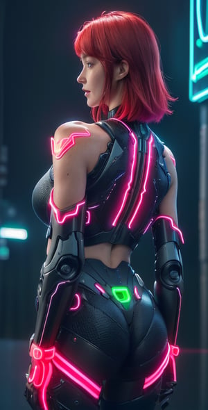 Upper body ,1girl ,beautiful 28 yo girl,red hair,bob cut _hair,((Best quality, 8k, 32k, masterpiece,RAW photo, (realistic, photo-realistic:1.3),best quality,highly detailed,masterpiece,ultra-detailed)) a beautiful woman, Barbarism, greebles, (extremely beautiful, voluptuous, body tanlines, big natural boobs, tall girl:1.2), ultra hd,, (((Textured skin,bare shoulders ,tactical mecha suit,midriff,street,night ,neon lights,glowing,fantasy,(midnight,night),((Neon, Glow neon line)),neon background))), ,blurry background,smile,,(oil shiny skin:0.9), ((gigtanic_boobs)),sunny,claiming,willowy, chiseled, (hunky:1.6),(perfect anatomy, prefect hand,), 9 head body lenth, dynamic sexy pose, (artistic pose of awoman),(upper body,from_back:1.3),