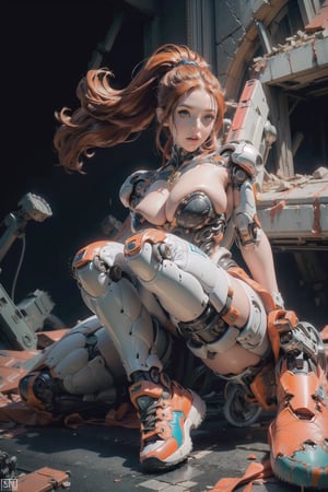 1 girl , NSFW , bare vagina ,multicolored_hair Orange & Blond , sexy girl, proper pretty eyes, cheeky grin , long hair,floating hair,big breast,appendages in matching pairs , proper robot Sneakers , proper robot hands , Sci-fi, ultra high res, futuristic , {(little robot)}, {(solo)}, full body , {(complex, Machine background ,spaceship interior background, Mecha Transport parts)},stand, dynamic sexy pose,(shiny oil skin:1.0),(explosions, ruins, destruction, collapsed buildings, rubble, nuclear apocalypse, incoming missiles, depth of field),angelawhite