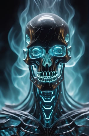 A mesmerizing close-up captures the intricate details of a translucent crystal and polished golden sculpture of a male necromancer. His holographic skeleton face glows with an eerie luminescence, while his cybernetic eyes, boasting 1.5 times magnification, seem to bore into the viewer's soul. A veil of volumetric fog shrouds the scene, adding depth and mystery. The hyperrealistic rendering is breathtakingly detailed, as if gazed upon through a lens of pure wonder. In this cinematic masterpiece, the necromancer stands against a cyberpunk backdrop, bathed in an otherworldly glow, with shadows cast like dark tentacles. Low-angle shot, the camera's perspective, elevates our protagonist to an almost godlike stature.