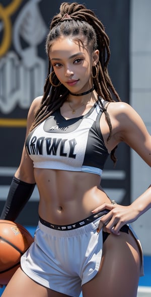 Upper body , 1girl, solo, sweaty,Beautiful black female basketball player, posing at an urban basketball court in the Bronx, dreadlocks, holds up a basketball, stylish graffiti on the wall, ,blurry street background ,smile,,(oil shiny skin:0.8), (big_boobs), willowy, chiseled, (hunky:1.6),(perfect anatomy, prefect hand,), 9 head body lenth, dynamic sexy pose, (artistic pose of awoman),from_below