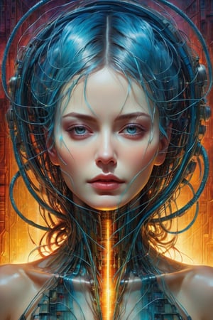 Please create a masterpiece, stunning beauty, perfect face, epic love, Slave to the machine, full-body, hyper-realistic oil painting, vibrant colors, Body horror, wires, biopunk, cyborg by Peter Gric, Hans Ruedi Giger, Marco Mazzoni, dystopic, golden light, perfect composition,Glass,shards,more,ice and water