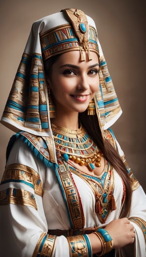 beautiful woman wearing the Bulgarian folk costume 'Nociya,' creatively arranged with an Egyptian twist, Envision the fusion of Bulgarian and Egyptian elements, incorporating traditional patterns and embellishments from both cultures. Picture the woman in the intricately designed 'Nociya' attire, adorned with Egyptian-inspired accessories, creating a harmonious blend of cultural aesthetics,」Ensure a visually stunning Bulgarian folk costume with  Egyptian,EgyptPunkAI, smile, (oil shiny skin:1.15), (big breast:1.5), cleavage cutouts, (perfect anatomy, prefecthand, long fingers, 4 fingers, 1 thumb), 9 head body lenth, breast apart, looking at viewer, 