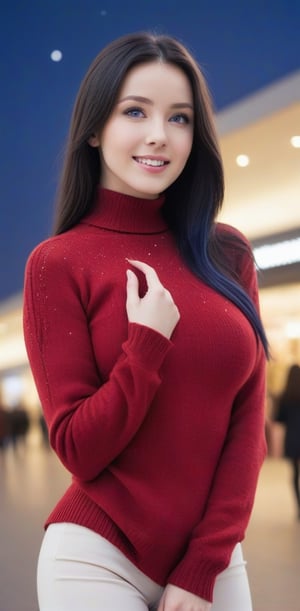 1girl, American woman , solo, long hair, sweater, red sweater, looking at viewer, shopping mall background, dark purple hair, crowed people background, two side up, turtleneck, blue eyes, lips, closed mouth, ribbon, hair ribbon, bangs,v-sweater, upper body, parted bangs, black ribbon,bare shoulders,ribbed sweater,tails, nose, view_from_below,angelawhite,more detail XL,LuminescentCL, smile,(oil shiny skin:1.0), (big_boobs:1.4), willowy, chiseled, (hunky:1.6),(( body rotation -90 degree)), (upper body:1.2),(perfect anatomy, prefecthand, dress, long fingers, 4 fingers, 1 thumb), 9 head body lenth, dynamic sexy pose, breast apart, (artistic pose of awoman),starry sky,Leonardo Style