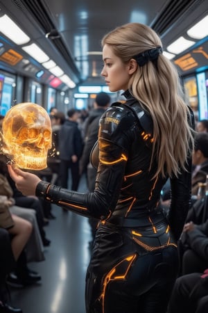 A high-definition photograph of a bustling, futuristic subway train filled with commuters. A striking woman stands near the center, her long, loose, slightly wavy blonde hair adorned in a sleek suit of high-tech armor that combines vibrant black and orange hues. Her armor catches the soft glow of the neon lights, reflecting the surrounding technological wonders of the cyberpunk setting. The environment is filled with holographic advertisements, polished metallic surfaces, and intricate, futuristic details. Shot from a low angle, the photo emphasizes the grandeur of the scene, giving the woman an imposing presence amidst the urban crowd, with the overall tone exuding a hyper-realistic, raw yet stylish cyberpunk atmosphere."



(((perfect anatomy, prefecthand, long fingers, 4 fingers, 1 thumb),

casting a floating huge fire crystal skull magic on one hand ,snow mountain background,