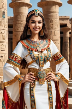 beautiful woman wearing the Bulgarian folk costume 'Nociya,' creatively arranged with an Egyptian twist, Envision the fusion of Bulgarian and Egyptian elements, incorporating traditional patterns and embellishments from both cultures. Picture the woman in the intricately designed 'Nociya' attire, adorned with Egyptian-inspired accessories, creating a harmonious blend of cultural aesthetics,」Ensure a visually stunning Bulgarian folk costume with  Egyptian,Background of Egyptian ruins,EgyptPunkAI, smile, (oil shiny skin:1.15), (big breast:1.5), cleavage cutouts, (perfect anatomy, prefecthand, long fingers, 4 fingers, 1 thumb), 9 head body lenth, breast apart, looking at viewer,cowboy shot,