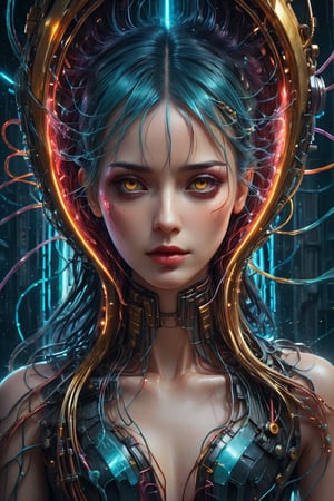 Please create a masterpiece, stunning beauty, perfect face, epic love, Slave to the machine, full-body, hyper-realistic oil painting, vibrant colors, Body horror, wires, biopunk, cyborg by Peter Gric, Hans Ruedi Giger, Marco Mazzoni, dystopic, golden light, perfect composition,Glass,shards,more,ice and water,detail