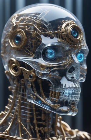 close up ultra detailed translucent crystal and gold sculpture of a male necromancer, (holographic skeleton face), (cyborg mechanical eyes:1.5),volumetric fog, hyperrealism, breathtaking, ultra realistic, ultra detailed, cyber background, cinematic lighting, highly detailed, breathtaking, photography, stunning environment, low-angle_shot