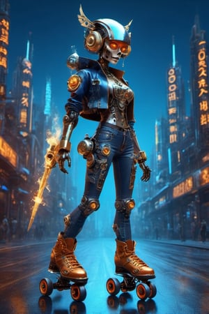  (a Detailed Hip Hop orage Robot woman rollerskates down the street in a fantasy world,Skull Head, blue eyes,cyberpunk citystreet background,Detailed robotic rollerskates),dynamic views,dynamic poses,DonMD3m0nXL 