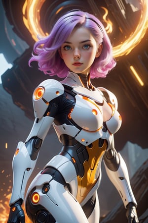 a close up of a girl with a fire on his face, fierce beauty ((full body)), her pure purple hair with on her bangs cascading down the side of her face and shoulders, standing inside of a MECH suit, gold chorme mech suit,(masterpiece, top quality, best quality, official art, beautiful and aesthetic:1.2), (1girl), extreme detailed, (fractal art:1.3), colorful, highest detailed, zoomout, perfecteyes, floating hairstyle , alluring_lolita_girl, RedHoodWaifu, beautymix, futurecamisole, mecha, xxmix_girl, Movie Still, Film Still, Wearing edgTemptation, Cinematic, p3rfect boobs, skirtlift, cleavage, Cinematic Shot, Cinematic Lighting, photo r3al, fire elemental, furious god zeus, hair made of fire, fire demon, human chimera, fire giant, body made of fire, 