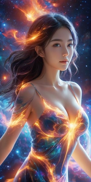 score_9, score_8_up, score_7_up, score_6_up, 1girl, solo, cosmic fire, human face, koling, cosmic, half open eyes, glowing eyes, magic eyes, glowing cheast, cosmic body, very cosmic hair, arms behind head,OverallDetail, smile,(oil shiny skin:1.0), (big_boobs:1.5), willowy, chiseled, (hunky:1.6),(( body rotation -90 degree)), (upper body:1.6),(perfect anatomy, prefecthand, dress, long fingers, 4 fingers, 1 thumb), 9 head body lenth, dynamic sexy pose, breast apart, (artistic pose of awoman),,abyssaltech ,dissolving,abyss,Clear Glass Skin,BrokenIR,Glass Elements,(Transperent Parts),more detail XL,minimalist hologram,starry sky,glow,fire element,composed of fire elements,xxmix_girl,DonMF1r3XL,DonMW15pXL