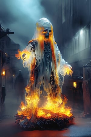 hyper detailed masterpiece, dynamic, awesome quality,DonMF1r3XL firey female uxariean, neural hacker,druid, ghost skeletons face,glowing eyes,sabaton ,floating_hair ,DonMF1r3XL,aw0k magnstyle,upper body,photo of a transparent ghost