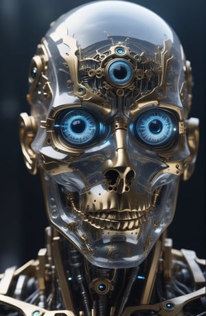 close up ultra detailed translucent crystal and gold sculpture of a male necromancer, (holographic skeleton face), (cyborg mechanical eyes:2.5),volumetric fog, hyperrealism, breathtaking, ultra realistic, ultra detailed, cyber background, cinematic lighting, highly detailed, breathtaking, photography, stunning environment, low-angle_shot