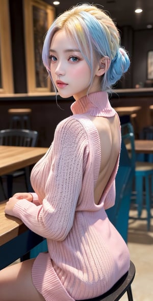 Upper body,masterpiece, best quality, aesthetic, 1girls,solo,blond_hair , Future, Mecha girl, Masterpiece, Sify, beautiful details, perfect focus, Soldier ((military uniform) (black Neopreno)), ((a girl wearing light pink off_soulder sweater dress)), in the cafe, light pink and sky blue hair, sitting, from_back,blurry background (oil shiny skin:0.8), (big_boobs), willowy, chiseled, (hunky:1.9),(perfect anatomy, prefect hand,), 9 head body lenth, dynamic sexy pose, (artistic pose of awoman),(from_back:1.3)