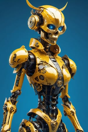  (a Detailed Hip Hop yellow Robot woman rollerskates down the street in a fantasy world,Skull Head, blue eyes, Detailed robotic rollerskates),dynamic views,dynamic poses,DonMD3m0nXL 