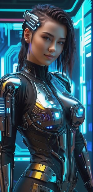 realistic photo,  ((Masterpiece)), ((Best Quality)), ((Extremely Detailed)), ((photo)) ,1girl, European girl,(detailed facial features), long hair , Illustration of a cyberpunk hacker in a virtual reality setting, surrounded by holographic code, futuristic UI, and virtual landscapes, Surreal Cyberpunk Art Style, Influenced by Deviantart and Ghost in the Shell anime, Camera: POV, Lens: Augmented Reality Lens, Render Style: Isometric Assets, 4K resolution, (((Cyberpunk))),smile,(oil shiny skin:1.0), (big_boobs:1.3), willowy, chiseled, (hunky:2.8),(( body rotation -90 degree)),,(perfect anatomy, prefecthand, dress, long fingers, 4 fingers, 1 thumb), 9 head body lenth, dynamic sexy pose, breast apart, (artistic pose of awoman),xxmix_girl,cyberpunk style,cyberpunk,chrometech,surface imperfections
