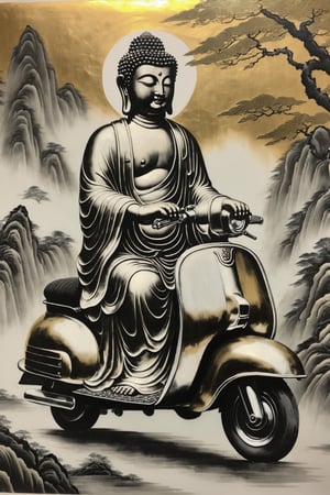 (masterpiece, high detail, best quality),  Buddha riding a scooter,gold chrome Buddha, satin sliver iron,chinese ink drawing