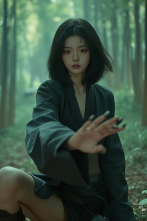 A mesmerizing shot of a poised Japanese ninja maiden, framed by a mystical bamboo forest's misty veil and dappled light. Her sleek black hair is styled in a bob cut, complemented by her striking almond-shaped eyes that exude focus and determination. She stands low to the ground, balanced on one leg, with her hands poised for swift action - one open and ready to strike, the other hovering near her waist, prepared to draw a hidden weapon. Her calm yet fierce expression is captured in a moment of stillness before the action unfolds.