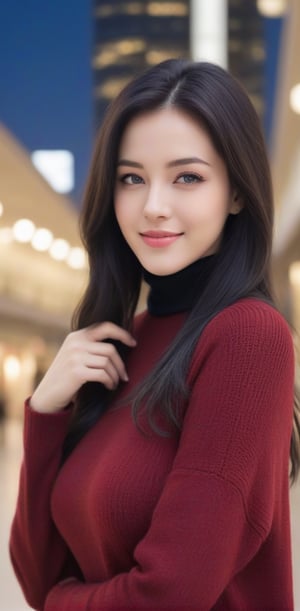 1girl, American woman , solo, long hair, sweater, red sweater, looking at viewer, shopping mall background, dark purple hair, crowed people background, two side up, turtleneck, blue eyes, lips, closed mouth, ribbon, hair ribbon, bangs,v-sweater, upper body, parted bangs, black ribbon,bare shoulders,ribbed sweater,tails, nose, view_from_below,angelawhite,more detail XL,LuminescentCL, smile,(oil shiny skin:1.0), (big_boobs:1.4), willowy, chiseled, (hunky:1.6),(( body rotation -90 degree)), (upper body:1.2),(perfect anatomy, prefecthand, dress, long fingers, 4 fingers, 1 thumb), 9 head body lenth, dynamic sexy pose, breast apart, (artistic pose of awoman),starry sky