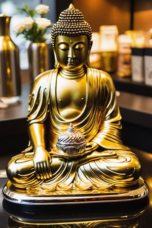 (masterpiece, high detail, best quality),  Buddha diver a Benz car,gold chrome Jesus, satin sliver iron,more detail ,beside table in Starbucks coffee store ,