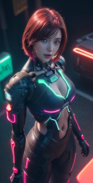 Upper body ,1girl ,beautiful 28 yo girl,red hair,bob cut _hair,((Best quality, 8k, 32k, masterpiece,RAW photo, (realistic, photo-realistic:1.3),best quality,highly detailed,masterpiece,ultra-detailed)) a beautiful woman, Barbarism, greebles, (extremely beautiful, voluptuous, body tanlines, big natural boobs, tall girl:1.2), ultra hd,, (((Textured skin,bare shoulders ,tactical mecha suit,midriff,street,night ,neon lights,glowing,fantasy,(midnight,night),((Neon, Glow neon line)),neon background))), ,blurry background,smile,,(oil shiny skin:0.9), ((gigtanic_boobs)),sunny,claiming,willowy, chiseled, (hunky:1.6),(perfect anatomy, prefect hand,), 9 head body lenth, dynamic sexy pose, (artistic pose of awoman),(upper body,from_above:1.3),