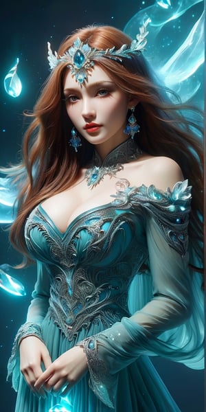 ((medium shot)), (absurdres, highres, ultra detailed), 1woman, mature female, aged up, wavy long hair, auburn hair, coral eyes, bangs, long sleeves, finely detailed eyes and detailed face, extremely detailed CG unity 8k wallpaper, intricate details, (style-swirlmagic:1.0), looking at viewer, solo, upper body, detailed background, close up, detailed face, (gothic dark ages theme:1.1), crystal sorcerer, dynamic pose, earth themed clothes, crystal crown, floating in the air, glowing magical shards, surrounded by blue magical crystals, rock formations, stalactites, magical floating particles, crystal glass, crystal sphere, crystal canyon background, (shallow water:0.7), epic ethereal atmosphere, updraft,, portrait,bg_imgs,smile, (oil shiny skin:1.0), (big_boobs:2.6), willowy, chiseled, (hunky:2.4),(( body rotation 35 degree)), (upper body:0.8),(perfect anatomy, prefecthand, dress, long fingers, 4 fingers, 1 thumb), 9 head body lenth, dynamic sexy pose, breast apart, (artistic pose of awoman),neotech,abyssaltech ,DonM3lv3sXL,NYFlowerGirl,dissolving,abyss,ral-3dwvz