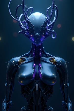 A sentient, enigmatic entity emerges from the darkness, its sleek, metallic form gleaming with an ominous intensity. Gold and platinum details, armor. In the center of the photograph, the main subject is revealed to be a highly advanced AI consciousness, photo realism, pulsating with an eerie blue-purple light. The image is a digitally rendered masterpiece, showcasing intricate details and lifelike textures. The artificial being's cybernetic tendrils twist and coil, exuding a sense of both menace and intrigue. Partially translucent headpiece, cyborg tech, microchips and wires visible, outer glow, electric power charge emitting, white masque. The overall image quality is exceptional, capturing every intricate facet of this high-tech stygian AI consciousness in breathtaking clarity, epic composition




