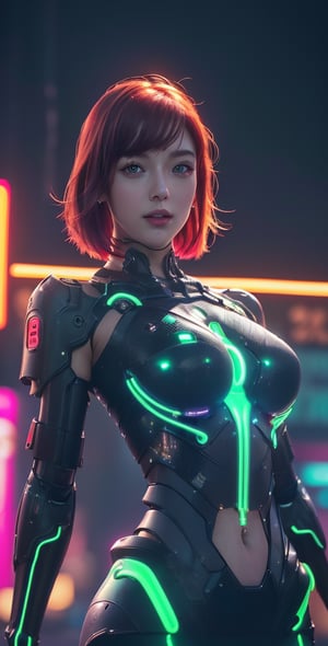 Upper body ,1girl ,beautiful 28 yo girl,red hair,bob cut _hair,((Best quality, 8k, 32k, masterpiece,RAW photo, (realistic, photo-realistic:1.3),best quality,highly detailed,masterpiece,ultra-detailed)) a beautiful woman, Barbarism, greebles, (extremely beautiful, voluptuous, body tanlines, big natural boobs, tall girl:1.2), ultra hd,, (((Textured skin,bare shoulders ,tactical mecha suit,midriff,street,night ,neon lights,glowing,fantasy,(midnight,night),((Neon, Glow neon line)),neon background))), ,blurry background,smile,,(oil shiny skin:0.9), ((gigtanic_boobs)),sunny,claiming,willowy, chiseled, (hunky:1.6),(perfect anatomy, prefect hand,), 9 head body lenth, dynamic sexy pose, (artistic pose of awoman),(upper body,from_below:1.3),