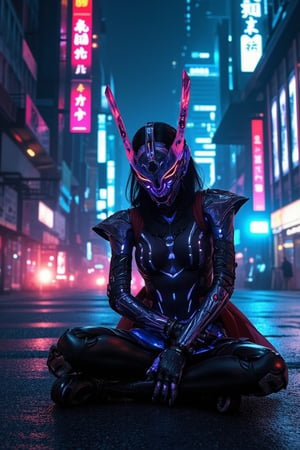 Upper body,A cityscape shrouded in dim light: neon hues of skyscrapers softened by a misty veil. A cyber girl, radiating power and poise, squats on the asphalt, her luminescent translucent samurai warrior attire glowing amidst the darkness. The warrior's holographic helmet conceals its face, while its armor - a fusion of traditional Japanese design and glowing circuitry - casts an otherworldly glow around the figure, set against the towering buildings looming like sentinels in the shadows.,explosion unclear street background,