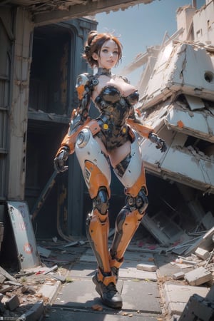 1 girl , NSFW , bare vagina ,multicolored_hair Orange & Blond , cute girl, proper pretty eyes, cheeky grin , short Pixie hair ,,big breast,appendages in matching pairs , proper robot Sneakers , proper robot hands , Sci-fi, ultra high res, futuristic , {(little robot)}, {(solo)}, full body , {(complex, Machine background ,spaceship interior background, Mecha Transport parts)},stand, (explosions, ruins, destruction, collapsed buildings, rubble, nuclear apocalypse, incoming missiles, depth of field)