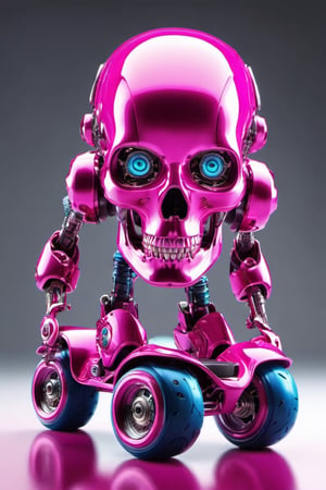  (a Detailed Hip Hop pink Robot woman rollerskates down the street in a fantasy world,Skull Head, blue eyes, Detailed robotic rollerskates)