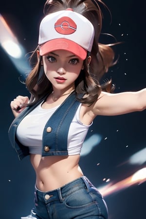 masterpiece, best quality, , hilda \(pokemon\), denim shorts, sleeveless shirt, white shirt, black vest, serious, baseball cap, white headwear,Hilda (pokemon), n:1.45), cowboy shot, curved body, dynamic sexy pose, sexy body, (big breast:1.0), 9 head length body,(shiny skin:1.0),looking at viewer, (dynamic pose:1.5),cowboy_shot 