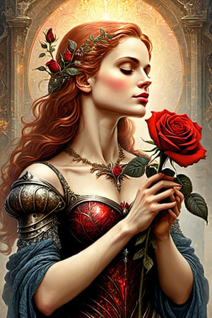 masterpiece, Best quality, a knelt woman in a slim armor raising a red rose, dark fantasy, fractal art, colorfull, cold tones, detailed beautiful face, detailed hands, detailed fingers, detailed arms , detailed legs, detailed nose, detailed lips, surrounded by sparkling lights,vintagepaper