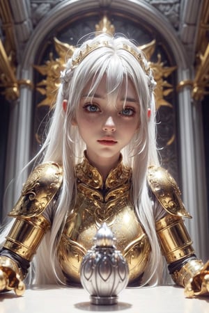 (WHite hair girl in Golden armor:1.5), sexy Warriors, (full body), masterpiece , best quality , ultra detailed , "detailed background" , perfect shading , high contrast , best illumination , extremely detailed , ray tracing , realistic lighting effects , (beautiful detailed face , beautiful detailed symmetrical eyes:1.5) , one woman , full lips , light smile , longt-hair , long_white-silver_hair, best lighting , full_length_portrait, dragon lying_behind background, ,Dragon