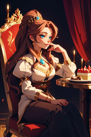 furina, Elegant appearance, sitting on throne eating a delicious cake, her face radiates satisfaction. Background in a royal hall luxuriously decorated with fantastic elements, at night with moonlight filtering in. Setting in a fantasy world where magic and reality intertwine. Anime image style with vibrant details and eye-catching colors, high resolution image quality with accurate details and realistic textures. Focal lighting that highlights Furina's figure and creates dramatic shadows. Medium shot composition that highlights Furina's face and the cake she is enjoying.