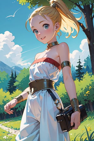 marle, happy, solo, cowboy shot, looking at viewer, ponytail, strapless, armlet, white puffy pants, forest, sky, style parody,  masterpiece, best quality